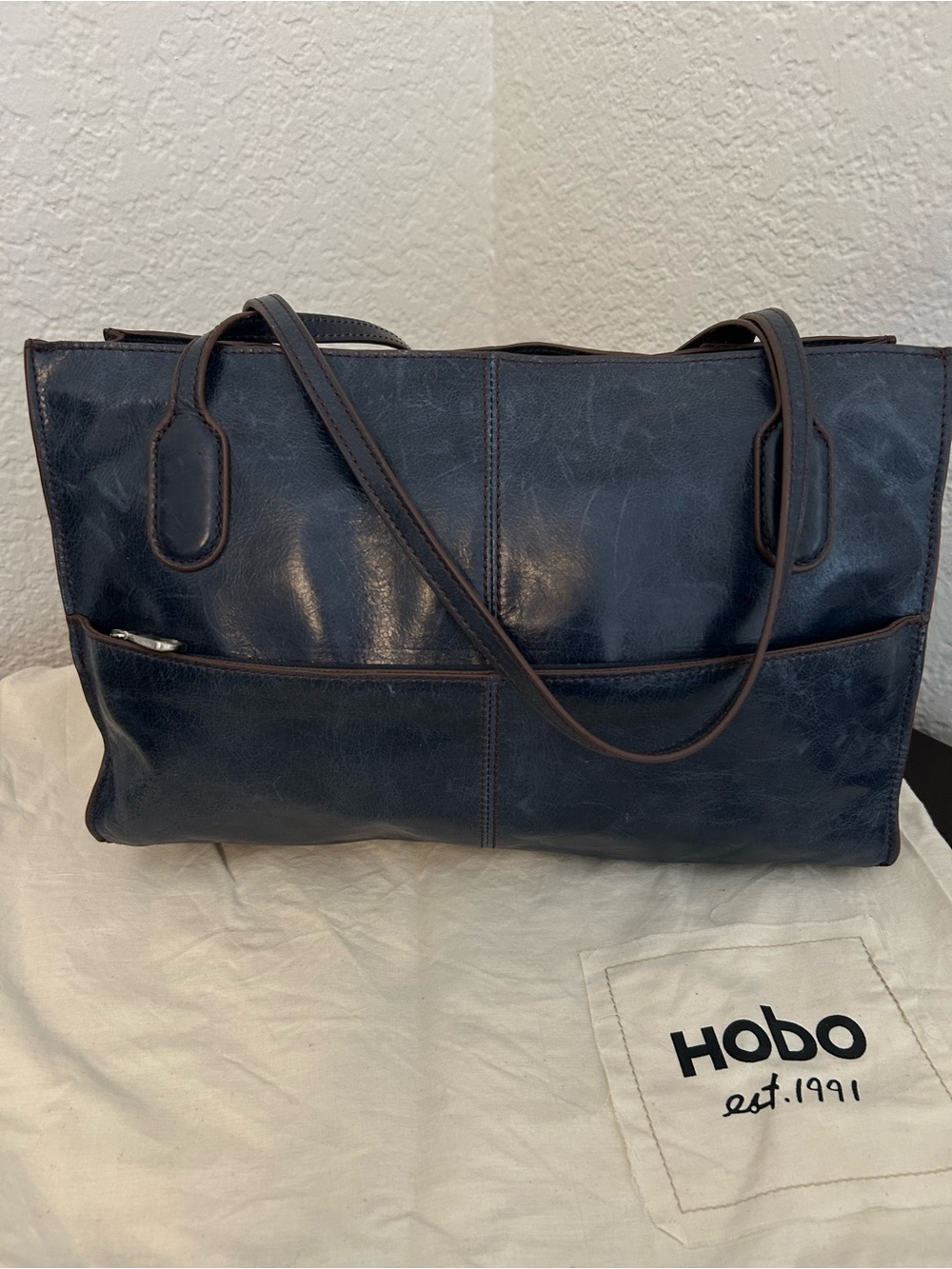 Vintage HOBO International Blue Leather Tote Satchel Shoulder Bag Y2K Distressed